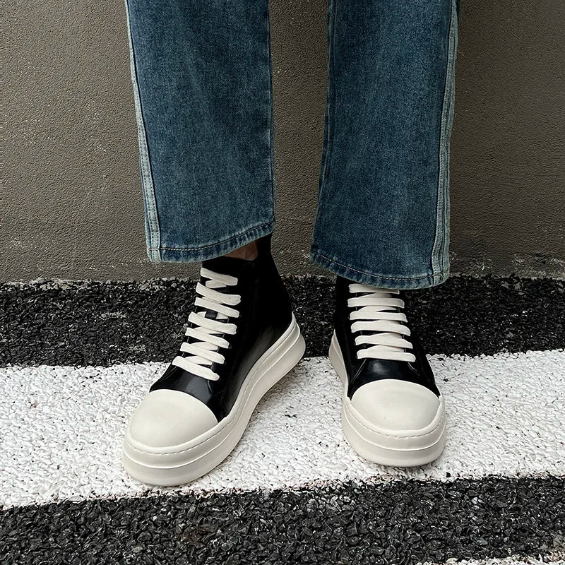 Street Style Ankle Boots for Men Genuine Leather High Top Shoes Fashion Brand Motorcycle Boots Thick Bottom  Male Walking Shoes.