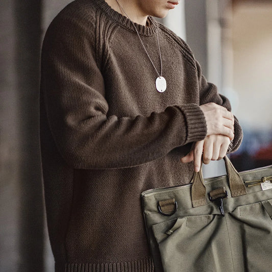 Maden New Vintage Heavyweight Knitted Crew-neck Sweater Brown Warm Pullover Men's Versatile Top for Autumn and Winter Knitwear.