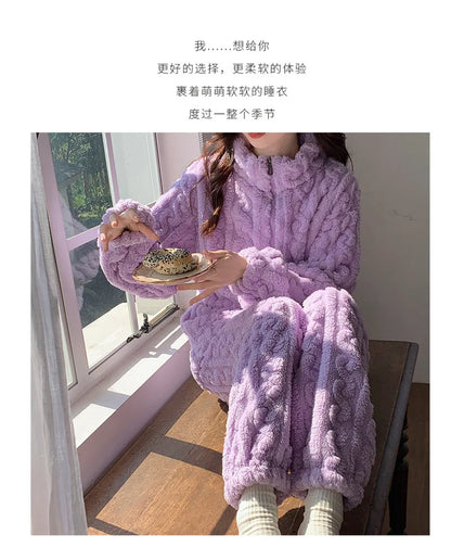 Große Größe Flanell Pyjama Set Herbst Winter Weibliche Nachtwäsche Hosen Anzug Verdicken Korallen Fleece Hohe Kragen Lounge Tragen Homewear