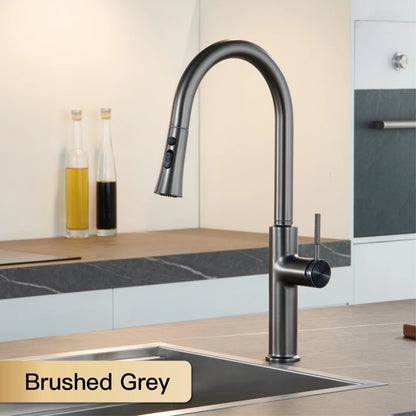 Luxury brushed gold kitchen faucet with pull-out design, 1-hole single handle cold and hot dual control dual function sink Tap