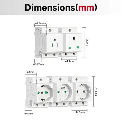 GEYA 16A 220V AC DIN-Schienen-modulare Steckdose – 35 mm, EU/FR/US/BK/IT, industrieller und privater Gebrauch, Netzteil-Adapter-Anschluss.