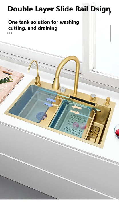 Wasserfall-Küchenspüle, Einzelschüssel, Küchenspülen, goldfarbenes Barspülbecken aus Edelstahl 304, mit Pull-Wasserhahn, Nano-Waschbecken für zu Hause ﻿