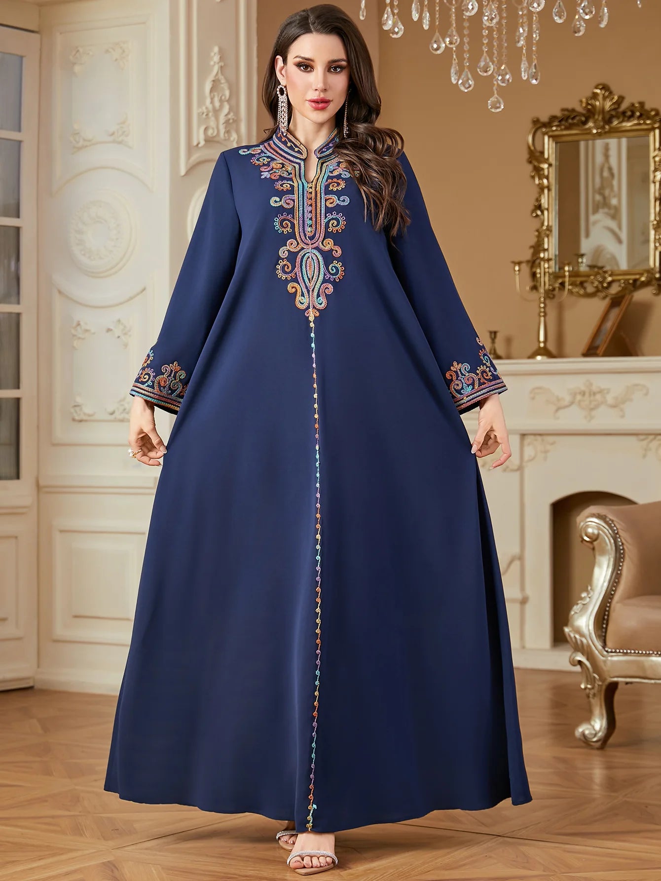 Dubai Muslim New Fashion Women's Embroidereid Long Sleeve V-neck Loose A-line Ankle Length Dresses Female Trendy Elegant Clothes.