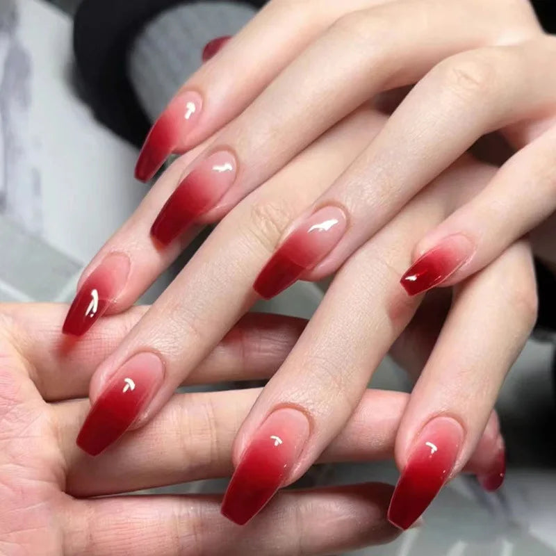 Red Black Gradient Press on Nails Medium Length Coffin Fake Nails with Sticky Tabs Ballerina False Nails Tips for Women 24Pcs.