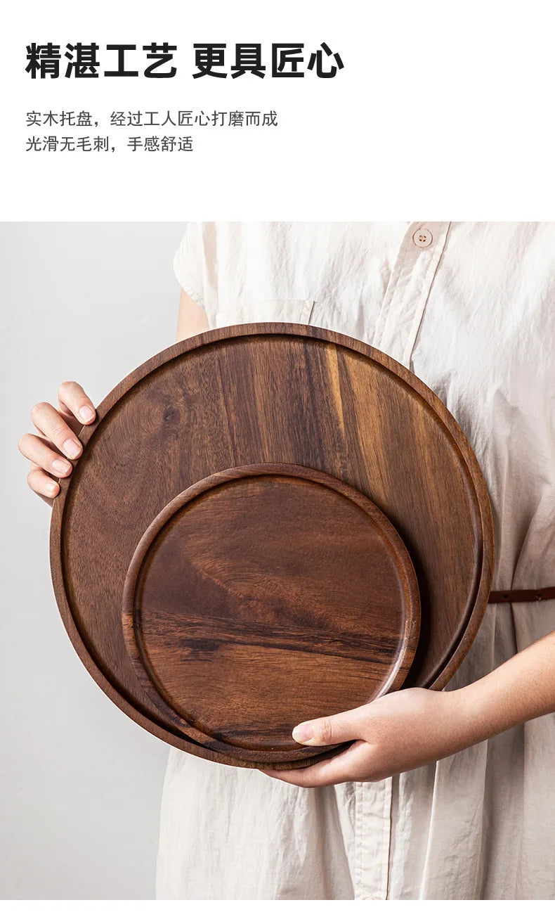 Solid Wood Circular Tray Japanese Style Western Household Tea Dessert Coffee Plate Cross-Border Design.