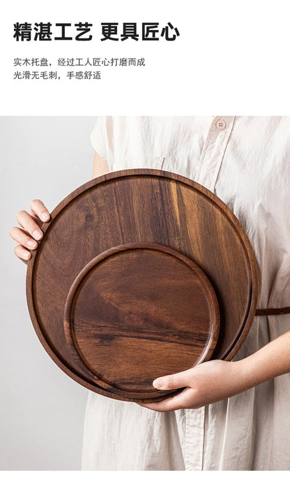 Solid Wood Circular Tray Japanese Style Western Household Tea Dessert Coffee Plate Cross-Border Design.