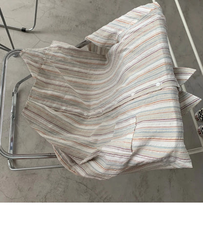 Vintage Office Lady Striped Shirt Spring Pocket Turn Down Collar Tops Korean Style Loose Long Sleeve Blouse Casual Women Clothes