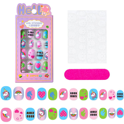 24Pcs/box Kids nails for Girl Cartoon Pattern False Nail Cute Child Fake Nails Tips Kawaii Acrylic Artificial Press on Nail+Tool