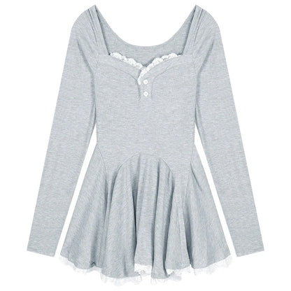 Sexy koreanisches Kleid im französischen Stil, Taille geschlossen, lange Ärmel, Schlüsselbein, freigelegt, süß.