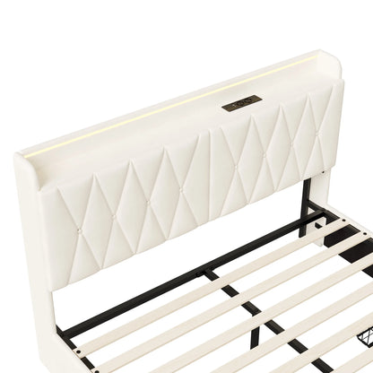 Lazyspace 140 x 200 cm großes Doppelbett mit Kopfteil, gepolstertes Bett mit 3 Schubladen, LED-Beleuchtung, USB Typ C, Samt, Beige, keine Matratze