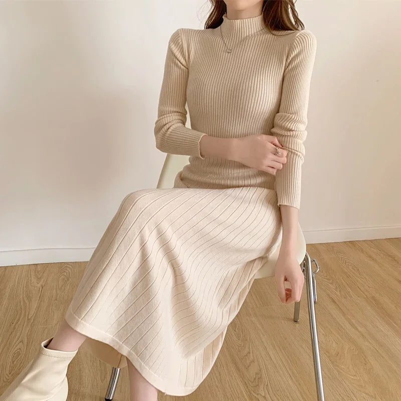 Herbst Winter schlankes Langarm Party Midi Kleid für Frauen gestrickt halbhohen Kragen elegante Strick pullover Kleider Damen
