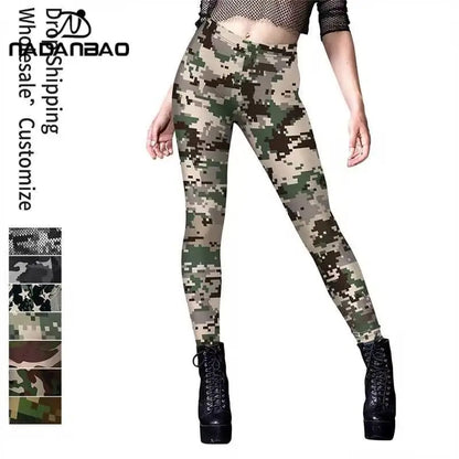 NADANBAO Leggings Women Sporty Pants Camouflage Green Star print Outdoor Hiking Fitness Workout Elastic Sexy Tights Trousers.