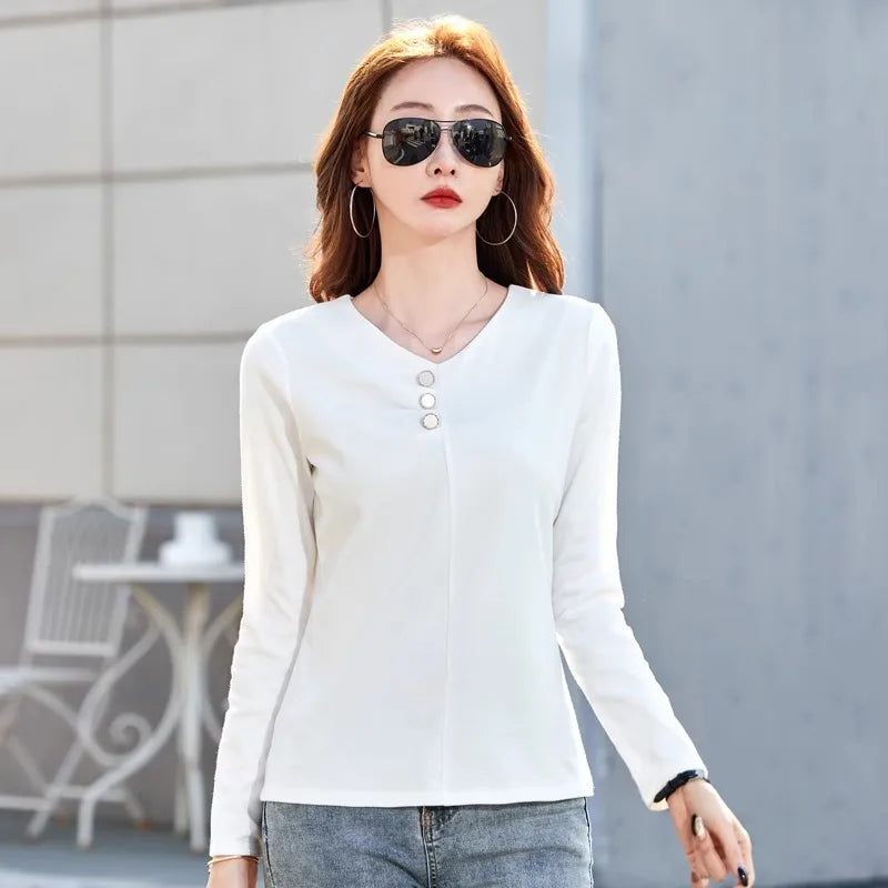 Wine red pure cotton long sleeved t-shirt for women's spring and autumn new style V-neck fashionable casual plus size loose top