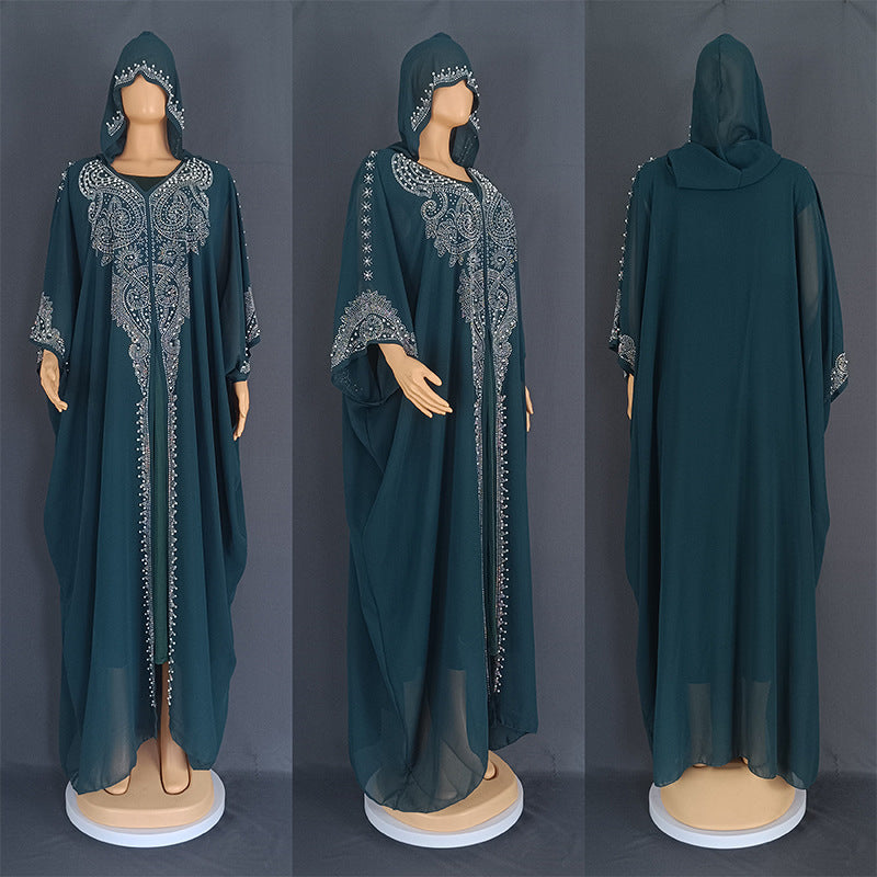 Eid Muslim Dress for Women Hooded Abaya 2 Piece Set Diamond Jalabiya Morocco Party Dresses Dubai Abayas Kaftan Vestido Long Robe.
