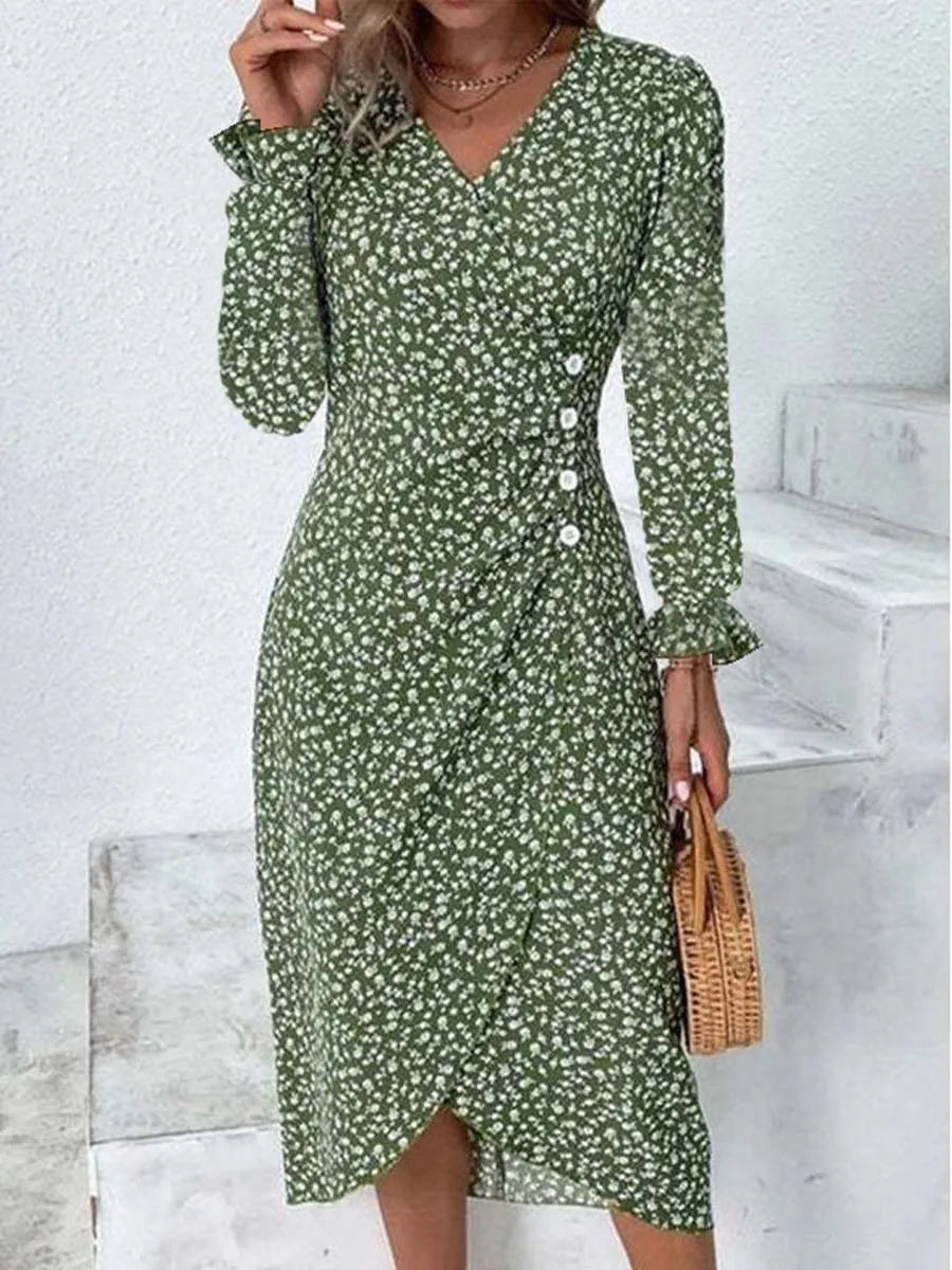 Frühling Floral Bodycon Midi Kleid Für Frauen V-ausschnitt Langarm Rüschen Slim Fit Kleider Weibliche Sexy Vestido Robe.