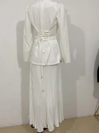 Eid Women Dress Muslim Abaya Pleated Shirt Skirt 2 Piece Set Diamond Party Ramadan Long Dresses Vestidos Largos Arab Long Robe.