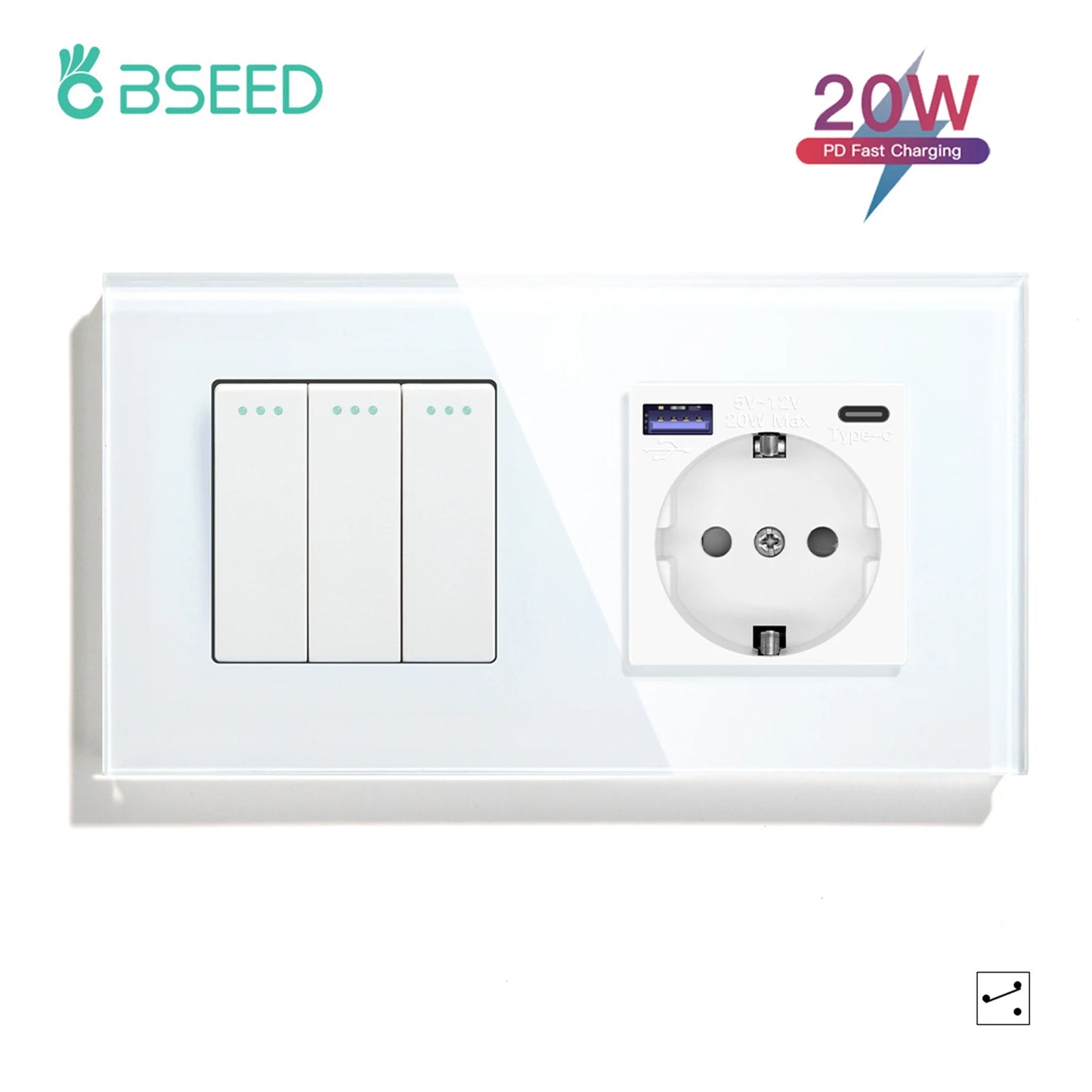 BSEED 1/2/3 Gang Wandschalter 2-Wege-Treppenlichtschalter Plus Typ-C USB-Buchse EU-Standard-Glasscheibe