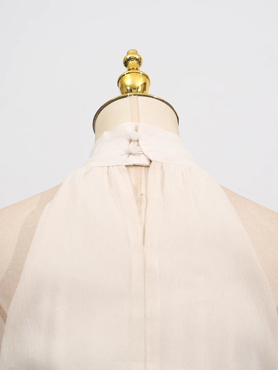 VGH Solide Abend Gespleißt Rüschen Maxi Kleider für Frauen High Neck Ärmellose Tunika Temperament Zeremonie Kleid Weibliche Kleidung.