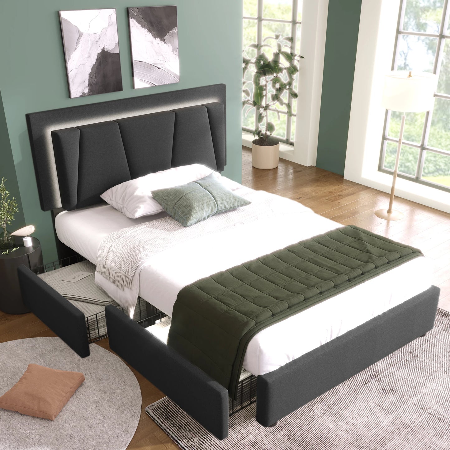 KOMHTOM Polsterbett Einzelbett 90x200 cm, LED-Beleuchtung, 2 Schubladen, höhenverstellbares Kopfteil, ohne Matratze