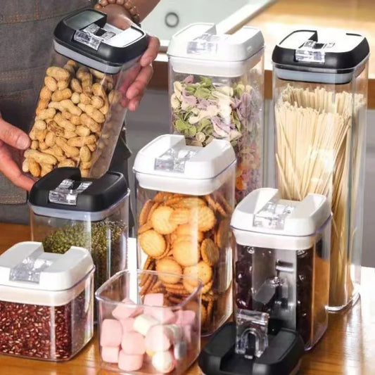 Kitchen Plastic Container Organizer Moisture-Proof Sealed Tank Square Transparent Grain Storage Jar Dried Fruit Snack Box Cans.