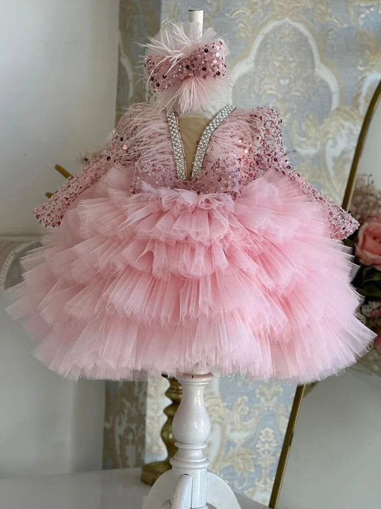 Wunderschönes und elegantes langärmliges Mädchenkleid mit V-Ausschnitt und Pailletten für Kinderklavieraufführungen, Laufsteg-Performance-Mesh-Kuchenkleid.