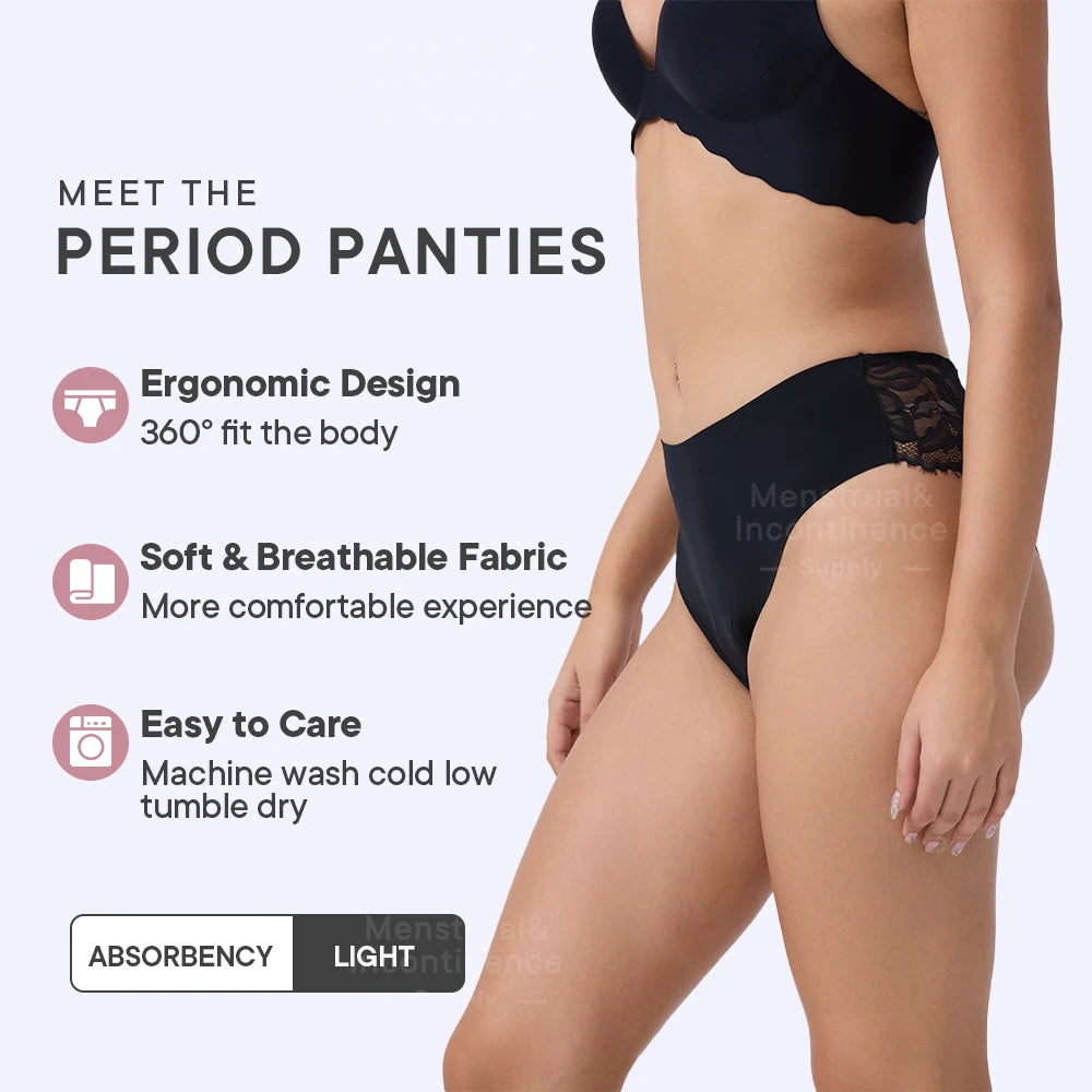 Women Period Panties 4-Layer Leakproof Lace Cheeky Brief High Absorbency Reusable Breathable Menstrual Panties.
