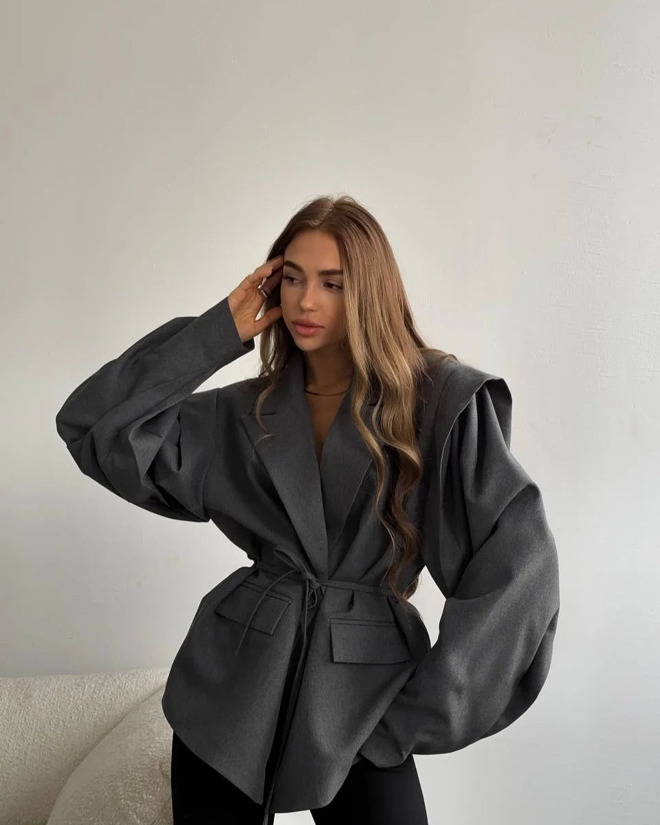 Fashion Solid Revers Hals Schulter Pad Anzug Jacke Frauen Langarm Eine Taste Spitze Up Mantel 2025, Herbst Neue Highstreet Büro Tragen.