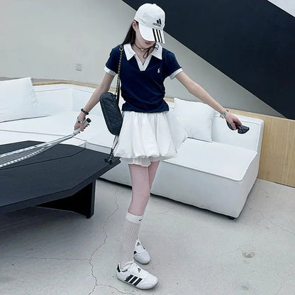 Girls Summer New Fashion Korean Style School Sports Short Sleeve T-Shirt And Bloomers Two-Piece Set White Floral Print Outfit.