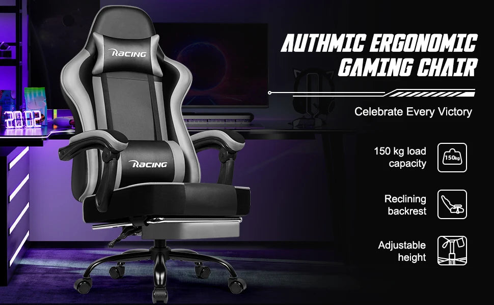 AUTHMIC Ergonomischer Gaming-Stuhl mit 170er °   Liegende Rückenlehne, faltbare Fußstütze, weiche Armlehnen, 150 kg, atmungsaktives Material