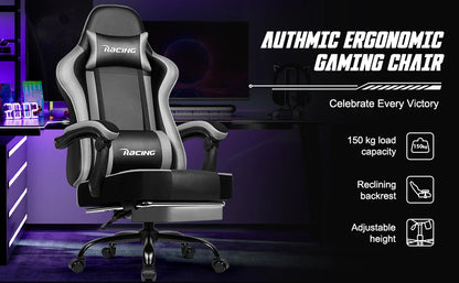 AUTHMIC Ergonomischer Gaming-Stuhl mit 170er °   Liegende Rückenlehne, faltbare Fußstütze, weiche Armlehnen, 150 kg, atmungsaktives Material