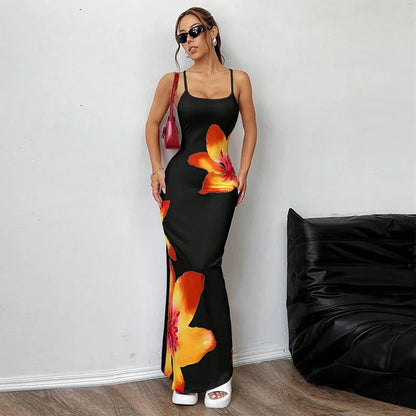 Frauen Floral Bedruckte Spaghetti Strap Slash Neck Maxi Kleid Sommer Backless Sexy Bodycon Strand Urlaub Urlaub Party Lange Dresse.