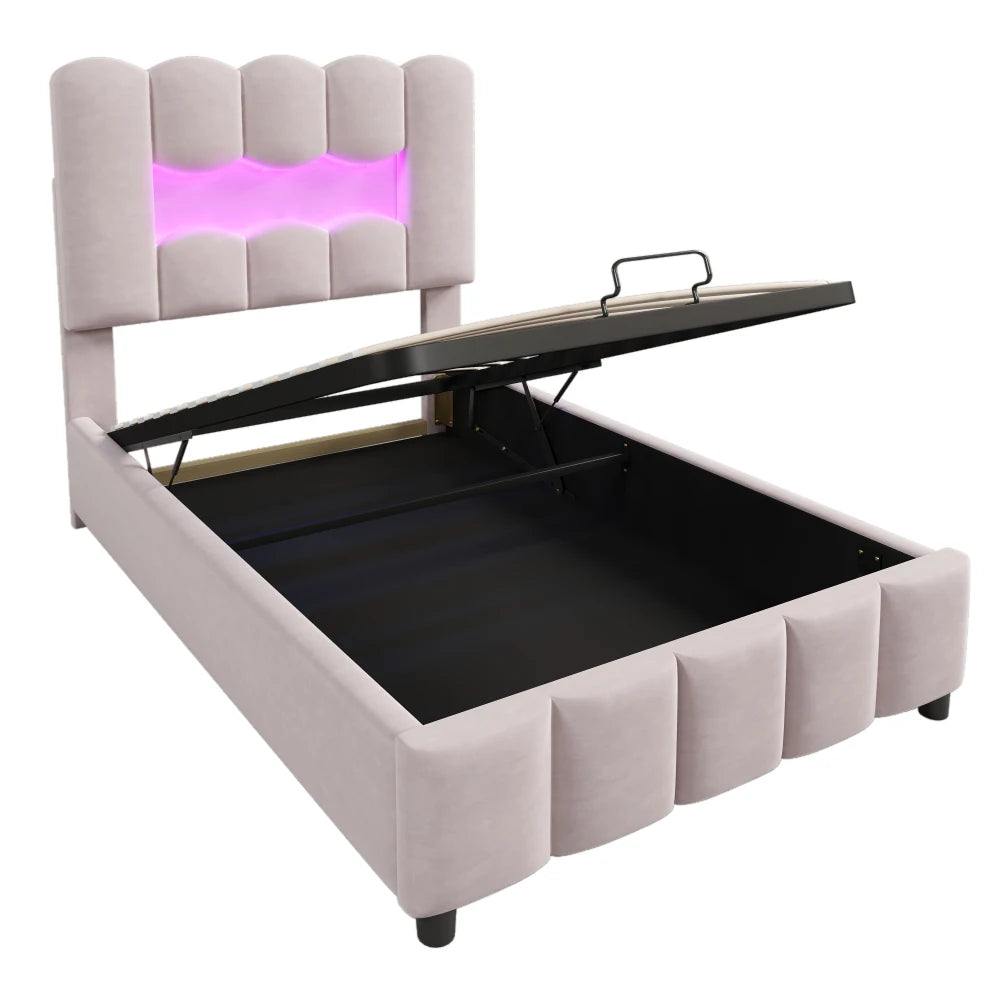 Modernes Polsterbett, 90 x 200 cm, ohne Matratze, LED-Beleuchtung, mit hydraulischem Gerät, verstellbarer Kopfteil, Samt, Grau