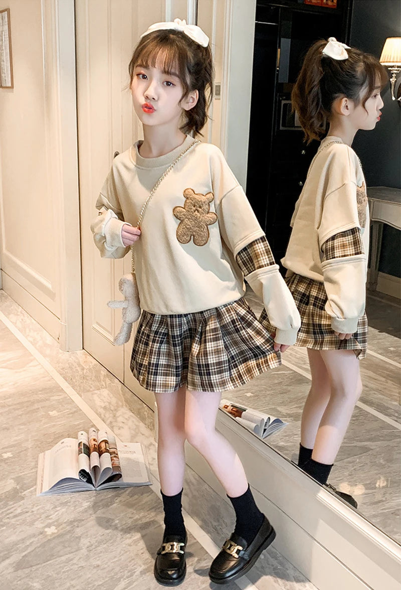 3-14 Years Teenager Girls Outfits Cute Bear Sweatshirt + Plaid Skirt 2Pcs Suit For Girls Birthday Present Children Clothing Sets.