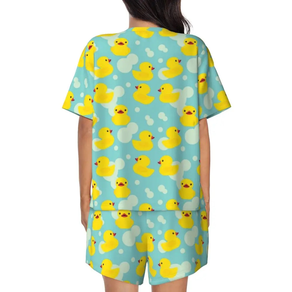 Benutzerdefinierte Frauen Gelb Klassische Gummi Ente Pyjamas Set Gedruckt Zwei-stück Pj Sets Kurzarm Nachtwäsche Loungewear.