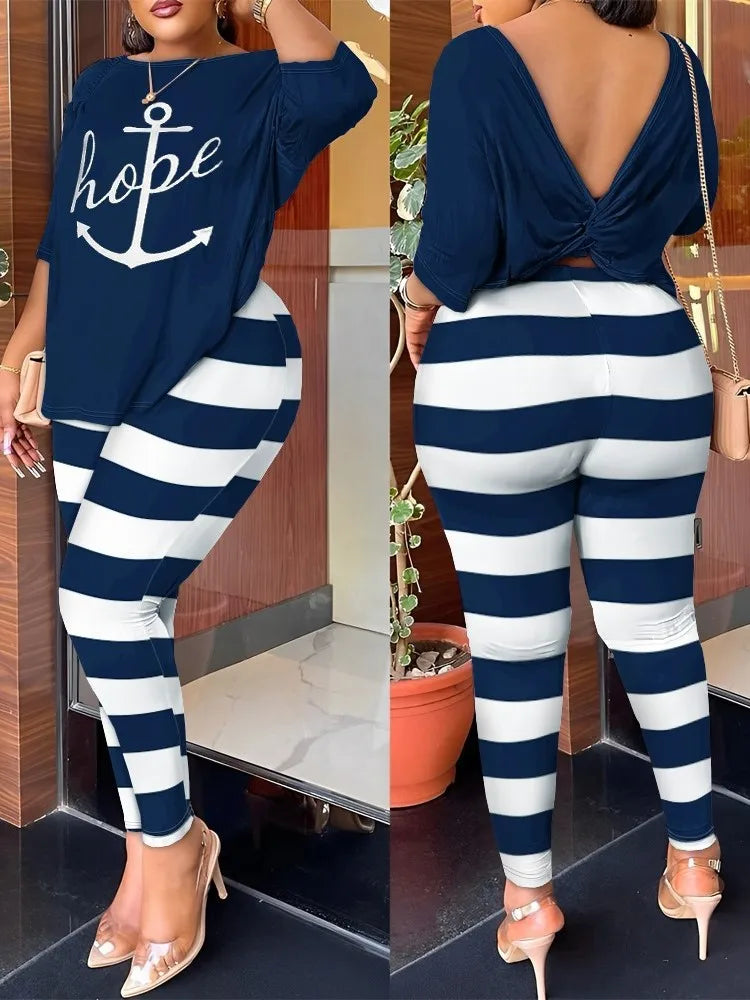 Autumn Women's Clothing New Fashion Print Sexy Backless Round Neck Five Quarter Sleeve Pants Two-piece Casual Comfortable Set.