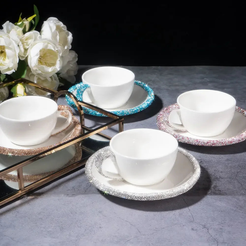 1 Set 210ml Cappuccino Coffee Cup Set Sparkling Rhinestone Ceramic Mugs With Saucer  Afternoon Tea Cup Dessert Plate Tablewar.