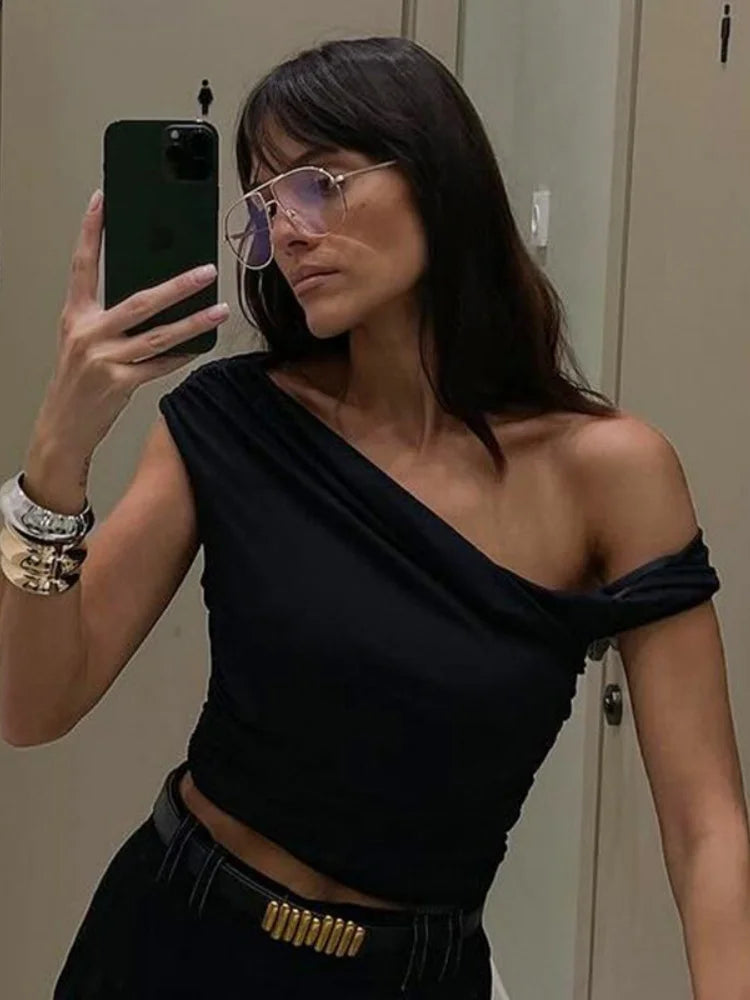 BOOFEENAA Asymmetrical One Shoulder Crop Tops Black Blue Sexy T Shirts for Woman Summer 2025 C95-BA13