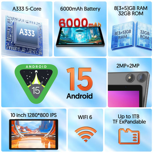 BAKEN Android 15 tablet, 8 (3+5)GB + 32GB storage, penta-core processor, Wi-Fi6, Bluetooth, USB-C, Google Play Store,.