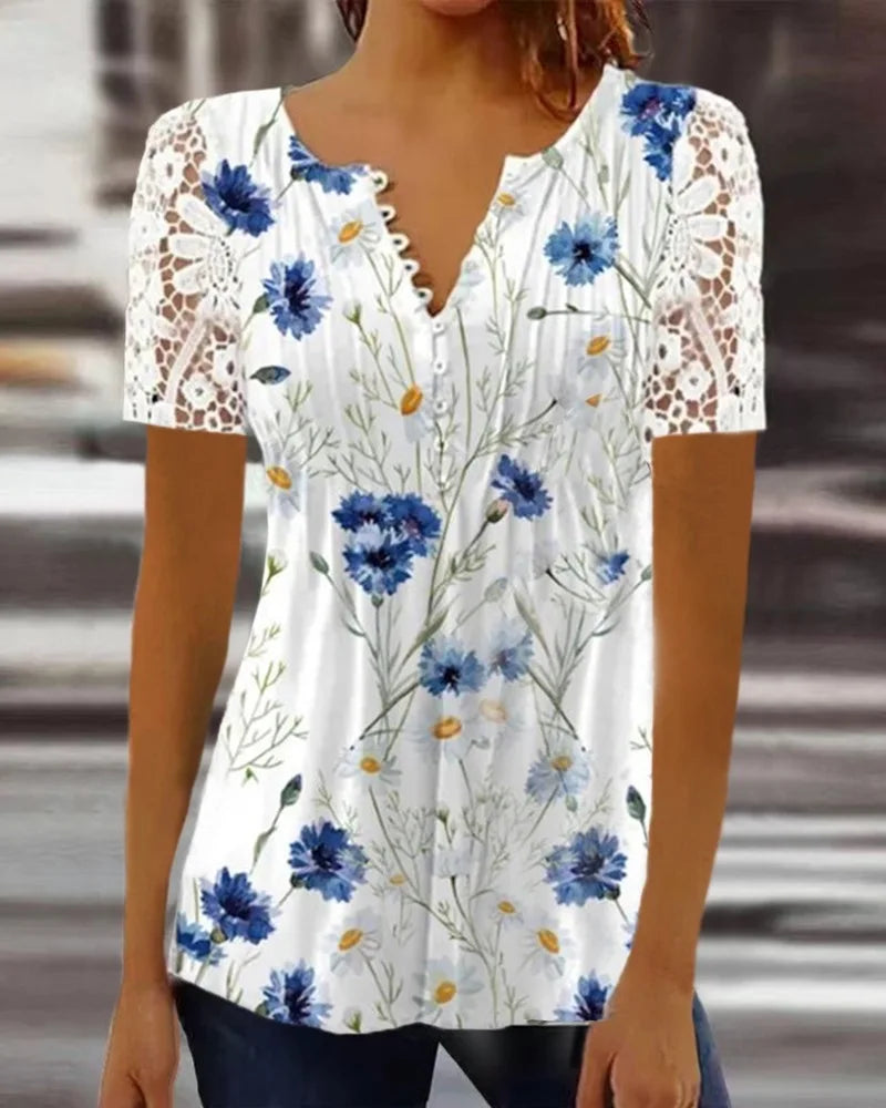 Summer Spring New Women's Loose and Comfortable Casual Lace V Neck Printed Blouse Floral Short Sleeve Elegant Fashion Shirt.