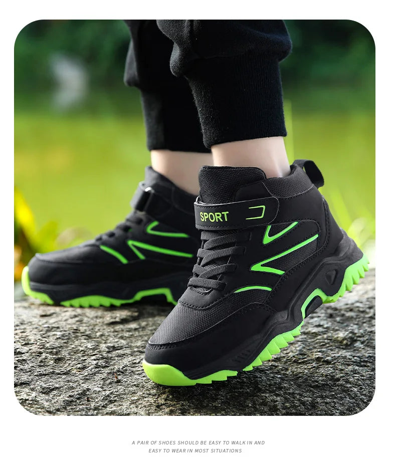 New Boys' Sports Shoes Non-slip School Children's Leather Breathable Running Black Fashion Hiking Shoes Sneaker Size 29-40