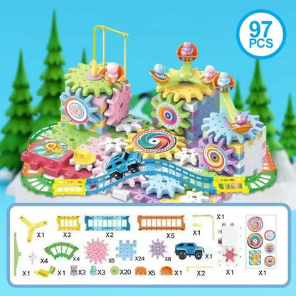Kids Electric Gear Building Toy Set Motorized Spinning Gears Set Gear Rail Car Big Building Blocks STEM Construction Toy Set.