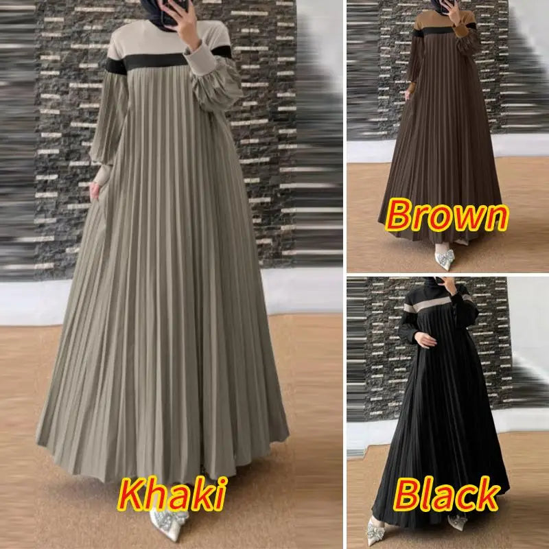 ZANZEA Autumn Women Muslim Dress Turkey Abaya Elegant Long Lantern Sleeve Patchwork Sundress Pleated Vestidos Islamic Dubai Robe.