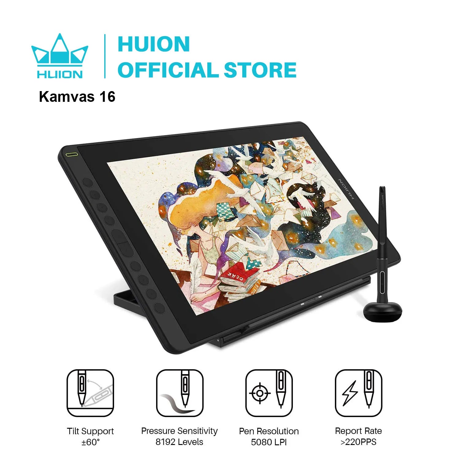 HUION Kamvas 16(2021) Graphics Drawing Monitor Battery-free Digital Pen Tablet For Windows/MAC And Android 120%s RGB.