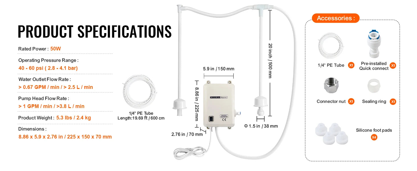 SucceBuy Bottled Water Dispensing Pump w/PE Pipe 1 Gal/MIN 40 PSI for Coffee Tea Machine Water Dispenser Refrigerator Ice Maker.