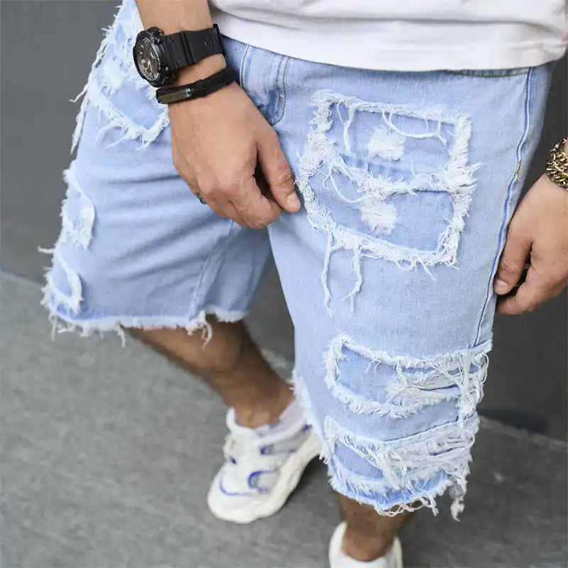 Denim Hole Knee Length Men Washed Jean Mid Waist Spliced Ripped Pockets Loose Fit Distressed Straight Pants 2024 Casual.