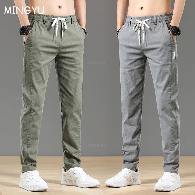 Autumn Cottom Men's Pants Fashion Classic Drawstring Elastic Waist Jogging Stretch Casual Grey Cargo Trousers Male 28-38.