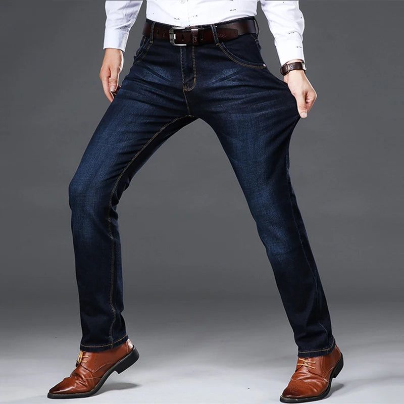 42-44 Frühling und Herbst Neue klassische Herren-Jeans in großen Größen, modisch, Business-Casual, Stretch, schlank, Schwarz, Blau, Herren-Markenhose.