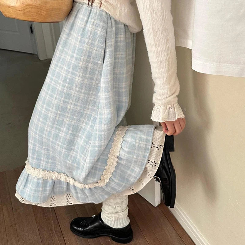 Japanese Sweet Long Skirt Women Fall Winter Blue Plaid Vintage Preppy Patchwork Skirts High Waist A Line Loose Casual Cute Skirt.