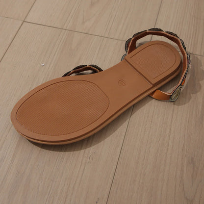 Yellow Embroidered Faux Flower Fashion Sandals Flat Plus Size 43 Summer Outdoor Beach Shoes Travel Mom Shoes.