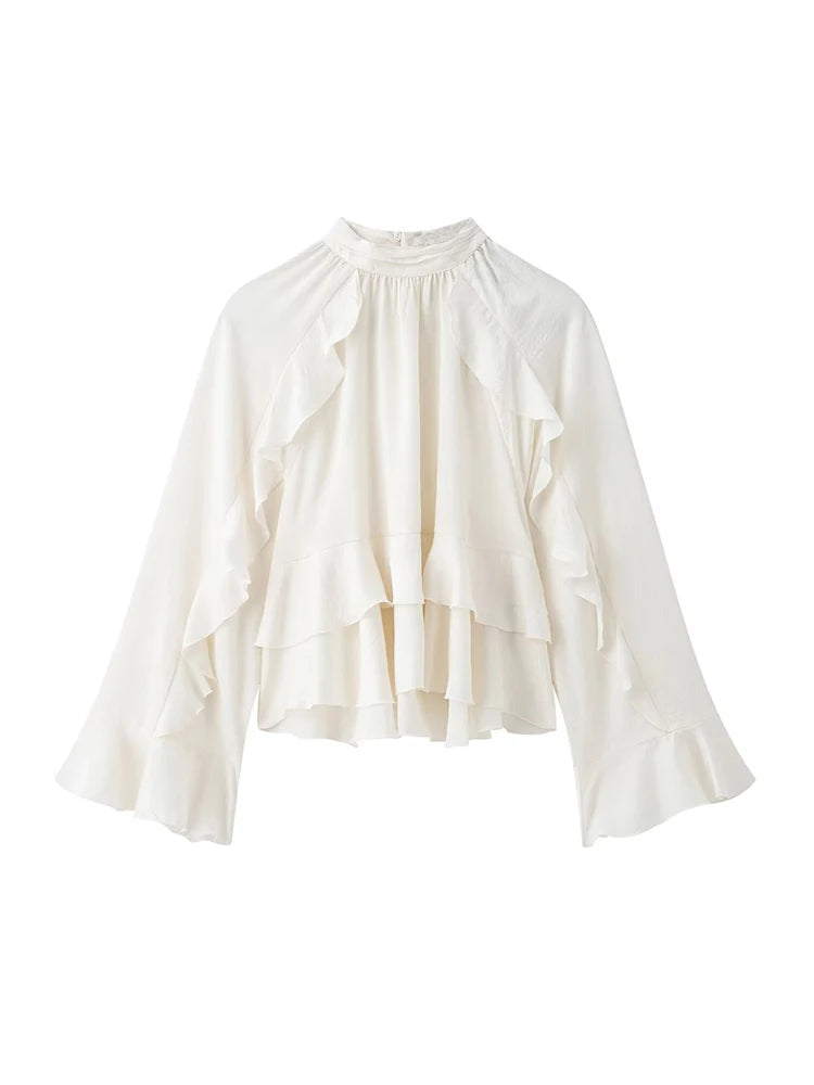Women's Long Sleeve Ruffled Blouse Stand Collar Chic Fashion Top Elegant Female Shirt.